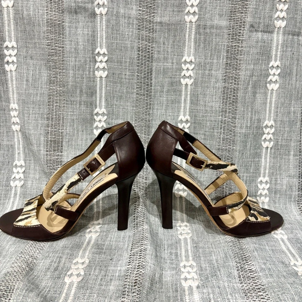 Jimmy Choo London Made in Italy Leather & Leopard Canvas Peep Toe Heels Size 38